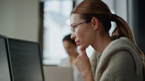 Woman developer checking code closeup. Focused software engineer work computer Stock Footage 242982965