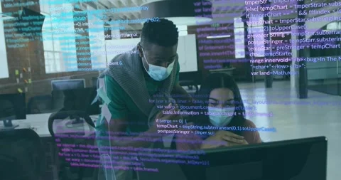 Woman developer encountering bug as male colleague pointing lines amid debugging Stock Footage 326765567