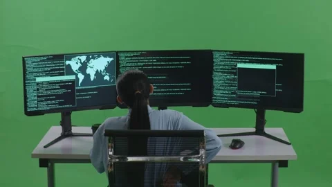 Woman Developer Having Backache While Write Code With Multiple Computer Screens Stock Footage 252567742