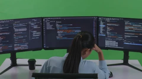 Woman Developer Having Headache While Write Code With Multiple Computer Stock Footage 252571390