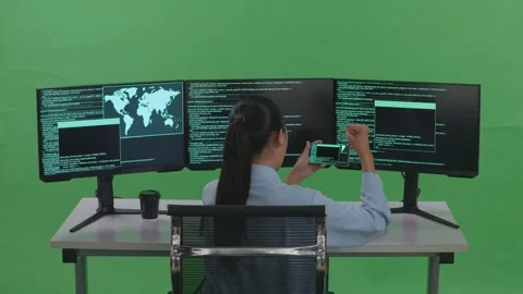 Woman Developer Looking At Code On Mobile Phone While Write Code With Multiple Stock Footage 252566610