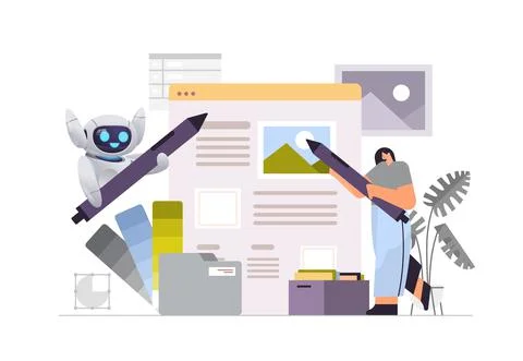 Woman developer with robot helper creating website ui interface web application Stock Illustration