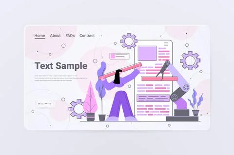 Woman developer with robotic hand creating mobile website ui web application Stock Illustration