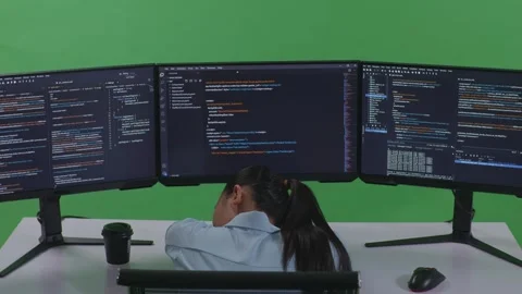 Woman Developer Sleeping While Write Code With Multiple Computer Screens Stock Footage 252572704