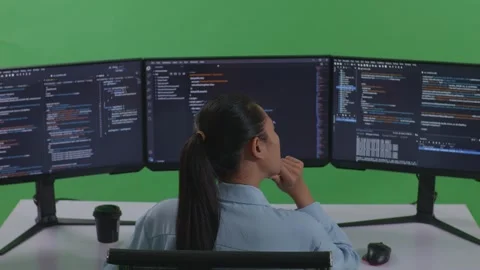Woman Developer Thinking About Something While Write Code With Multiple Stock Footage 252571894