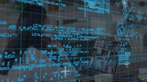 Woman developer watching laptop live code feed causing cyan grid obscuring then Stock Footage 331757411