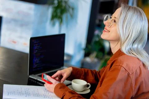 Woman developer working with computer at home office Foto stock