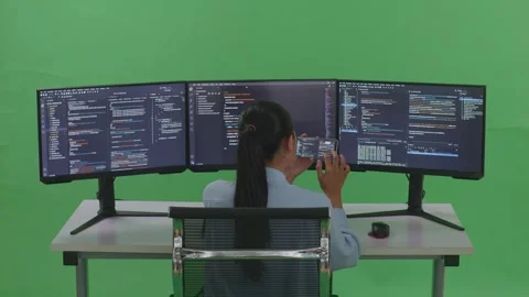 Woman Developer Working With Mobile Phone While Write Code With Multiple Stock Footage 252564479
