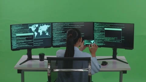 Woman Developer Working With Mobile Phone Write Code With Multiple Computer Stock Footage 252566248