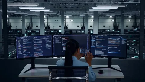 Woman Developer Working With Mobile Phone While Write Code In Data Center Stock Footage 270228886