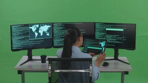 Woman Developer Working With Tablet While Write Code With Multiple Computer Stock Footage 252565879