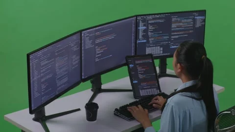 Woman Developer Working With Tablet While Write Code With Multiple Computer Stock Footage 252577867