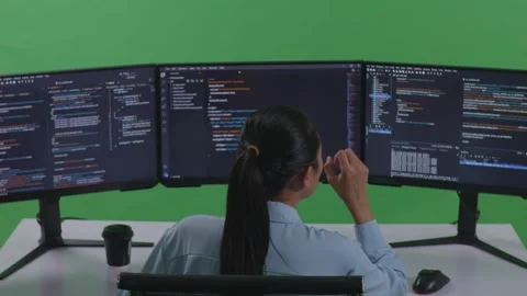 Woman Developer Yawning Before Sleeping While Write Code With Multiple Computer Stock Footage 252572571