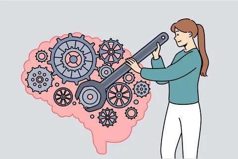 Woman is developing brain and improving intelligence by turning gears with 스톡 일러스트