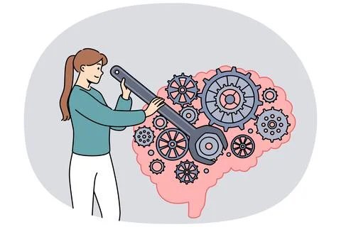 Woman is developing brain and improving intelligence by turning gears with Stock Illustration