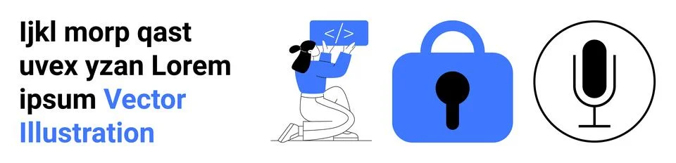 Woman Developing Code, Blue Lock, and Microphone Icons with Placeholder Text イラスト素材