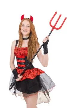 Woman devil with trident on white Stock Photos