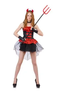 Woman devil with trident on white Stock Photos