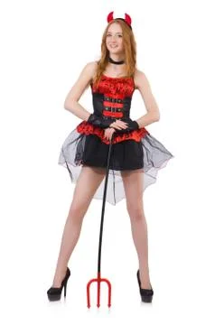 Woman devil with trident on white Stock Photos