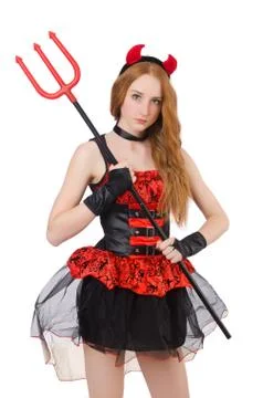 Woman devil with trident on white Stock Photos