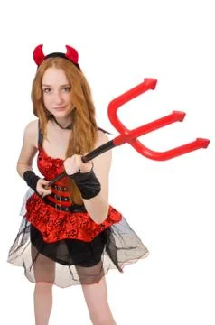 Woman devil with trident on white Stock Photos