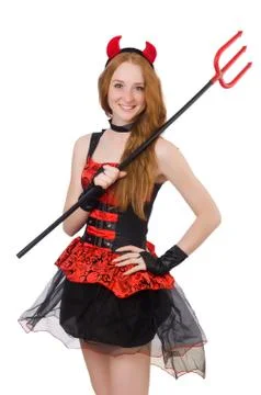 Woman devil with trident on white Stock Photos
