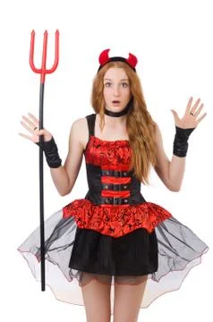 Woman devil with trident on white 스톡 사진