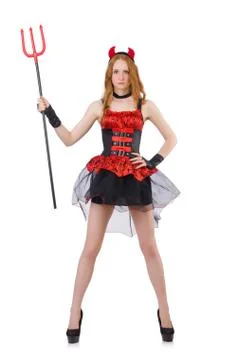 Woman devil with trident on white Stock Photos