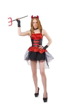 Woman devil with trident on white Stock Photos