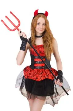 Woman devil with trident on white Stock Photos