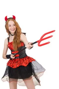 Woman devil with trident on white Stock Photos