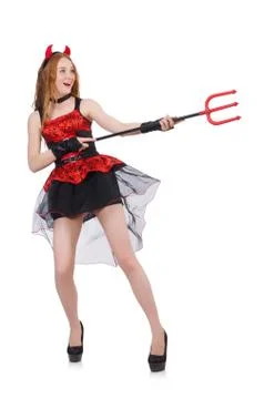 Woman devil with trident on white Stock Photos
