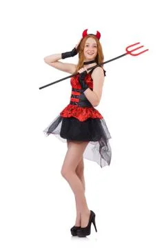 Woman devil with trident on white Stock Photos