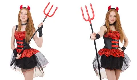 Woman devil with trident on white Stock Photos