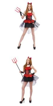 Woman devil with trident on white Stock Photos