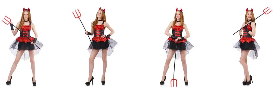 Woman devil with trident on white Stock Photos