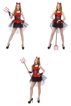 Woman devil with trident on white Stock Photos