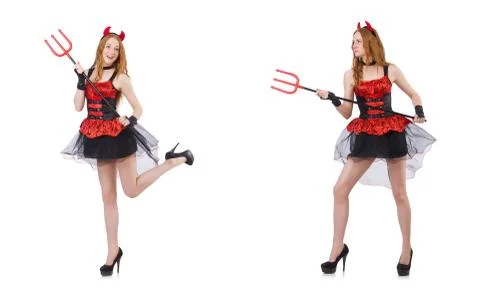 Woman devil with trident on white Stock Photos