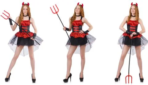 Woman devil with trident on white Stock Photos
