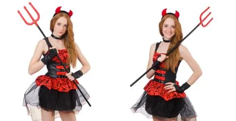 The woman devil with trident on white Stock Photos