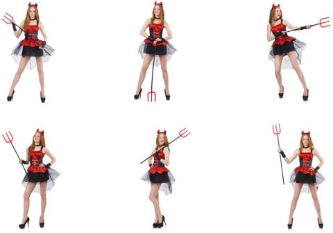 Woman devil with trident on white Stock Photos
