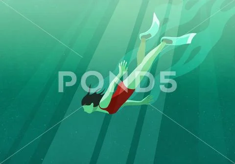 Woman diving underwater in ocean Stock Illustration
