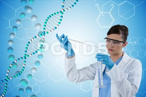 Woman doctor working with DNA graphics on background Stock Photos