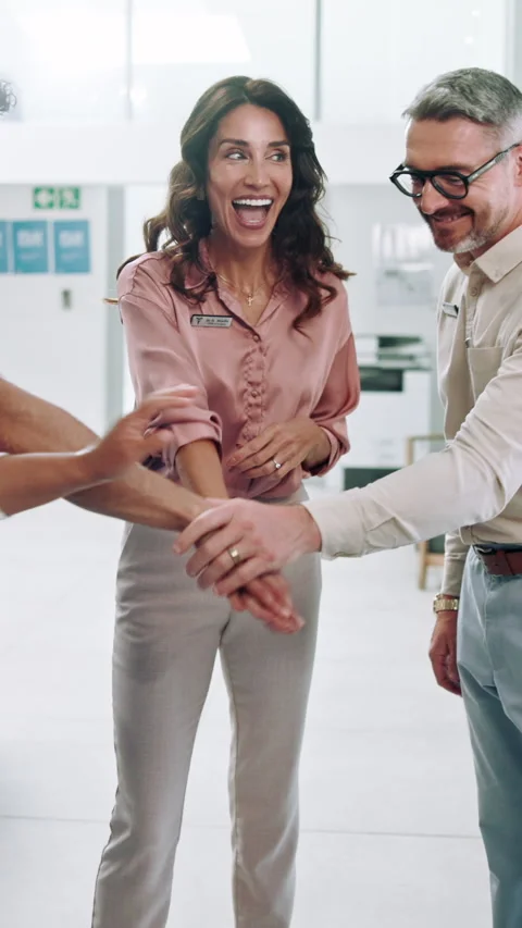 Woman, doctors and hands stack with celebration, applause and excited with team Stock Footage 319542279