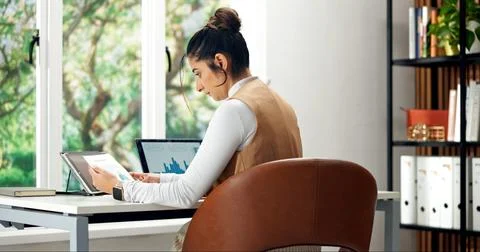 Woman, document and remote work at house with laptop, data analysis or fina.. Stock Photos