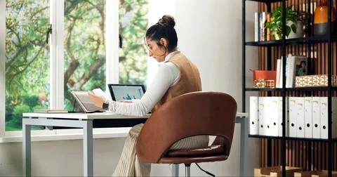Woman, document and remote work in home with laptop, data analysis or finan.. Stock Photos