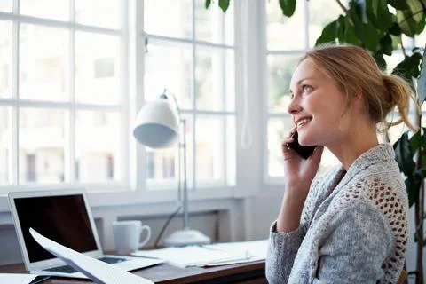 Woman, document and remote work in home office with phone call, smile or Stock Photos
