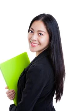 Woman with document folder looking back at camera, isolated on white 스톡 사진