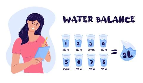 Woman does checking list, writing in a notebook. Water balance tracker with.. Stock Illustration