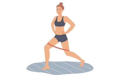 Woman does lunges with a rubber loop resistance band. Exercises for the legs and Stock Illustration